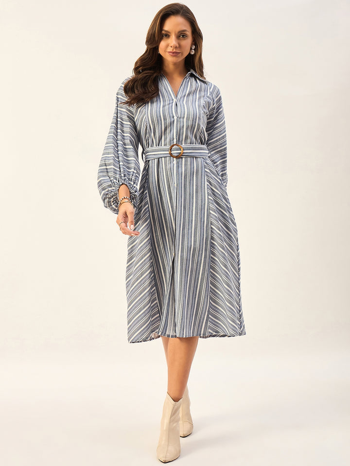 100% COTTON STRIPED DRESS WITH BALLOON SLEEVES AND BELT