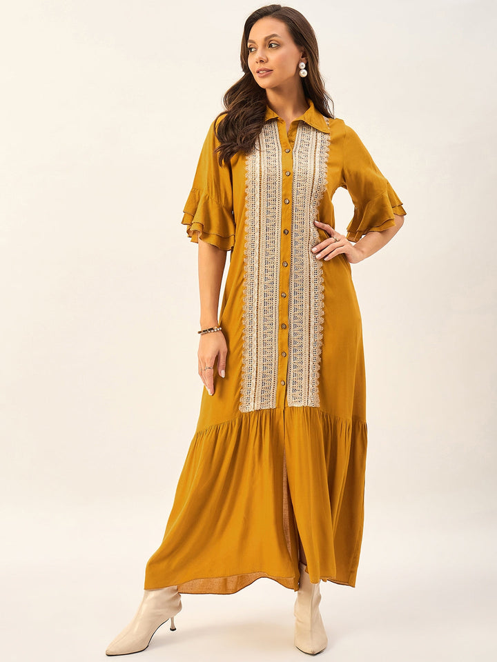 SHIRT COLLAR MAXI DRESS WITH BELL SLEEVES