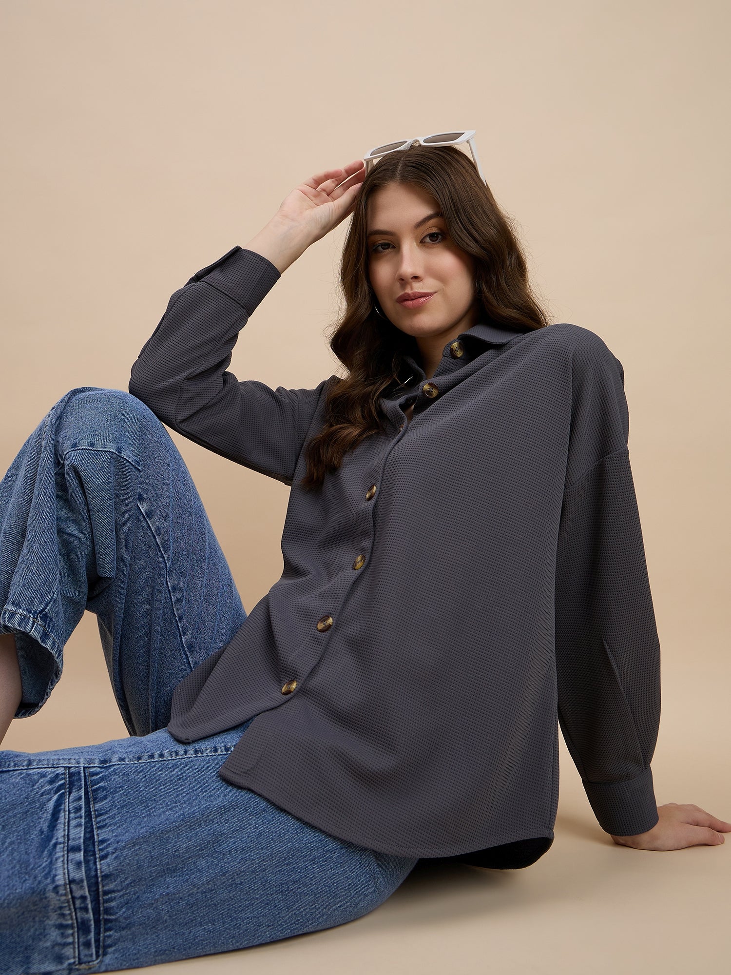 Button Down Waffle Knit Top Women Women's Waffle Knit Shacket