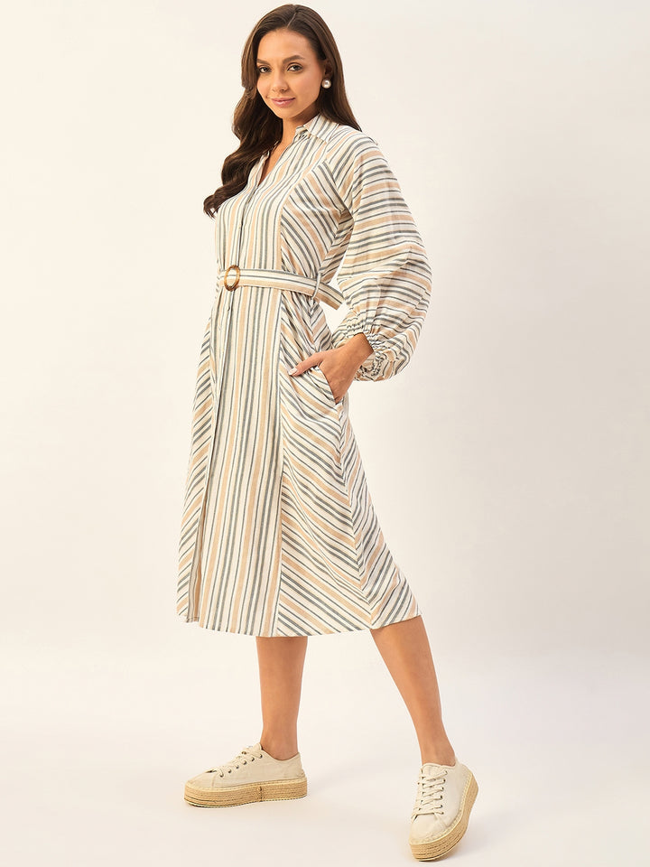 100% COTTON STRIPED DRESS WITH BALLOON SLEEVES AND BELT