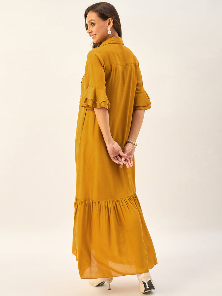 SHIRT COLLAR MAXI DRESS WITH BELL SLEEVES