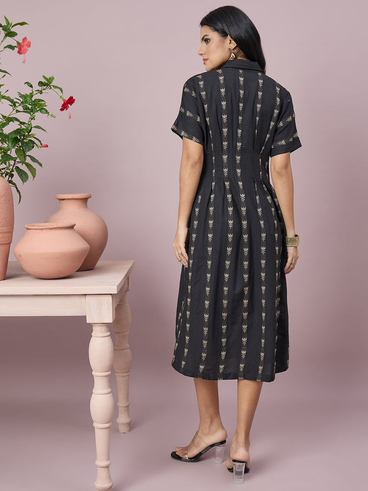 Women’s  Printed Shirt Dress Floral Motifs, Button-Down Front and Short Sleeves | Casual Midi Dress