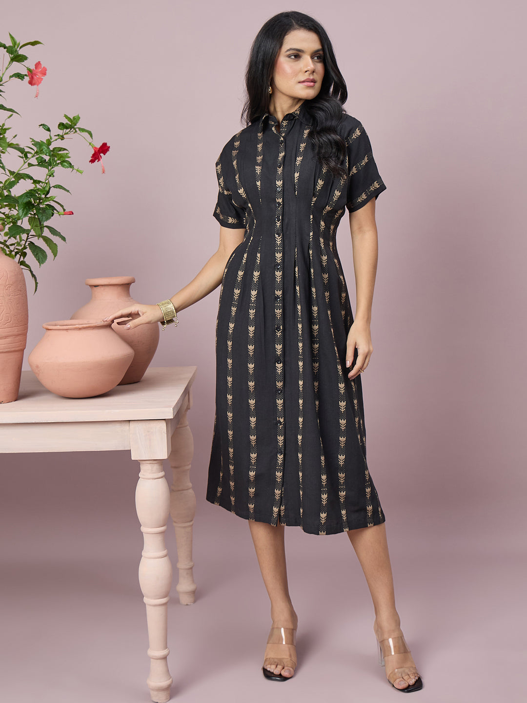 Women’s  Printed Shirt Dress Floral Motifs, Button-Down Front and Short Sleeves | Casual Midi Dress