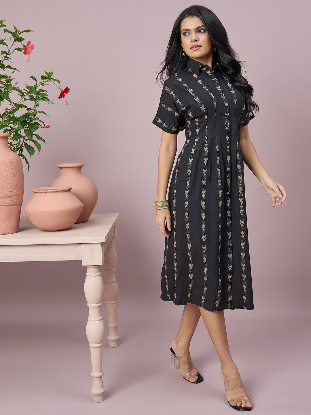 Women’s  Printed Shirt Dress Floral Motifs, Button-Down Front and Short Sleeves | Casual Midi Dress
