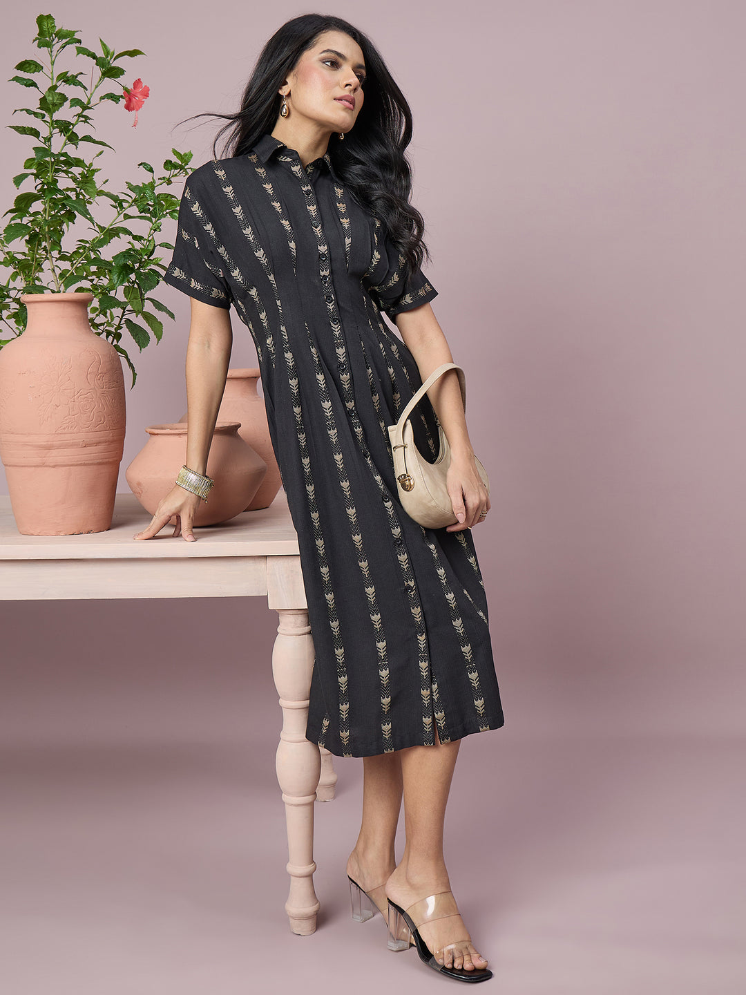 Women’s  Printed Shirt Dress Floral Motifs, Button-Down Front and Short Sleeves | Casual Midi Dress
