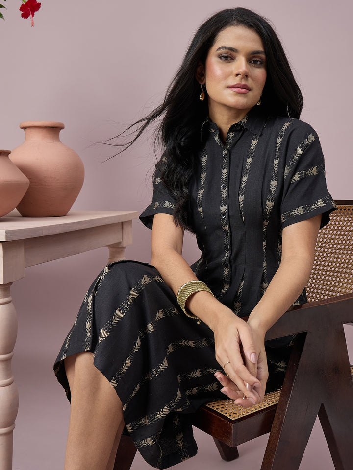 Women’s  Printed Shirt Dress Floral Motifs, Button-Down Front and Short Sleeves | Casual Midi Dress