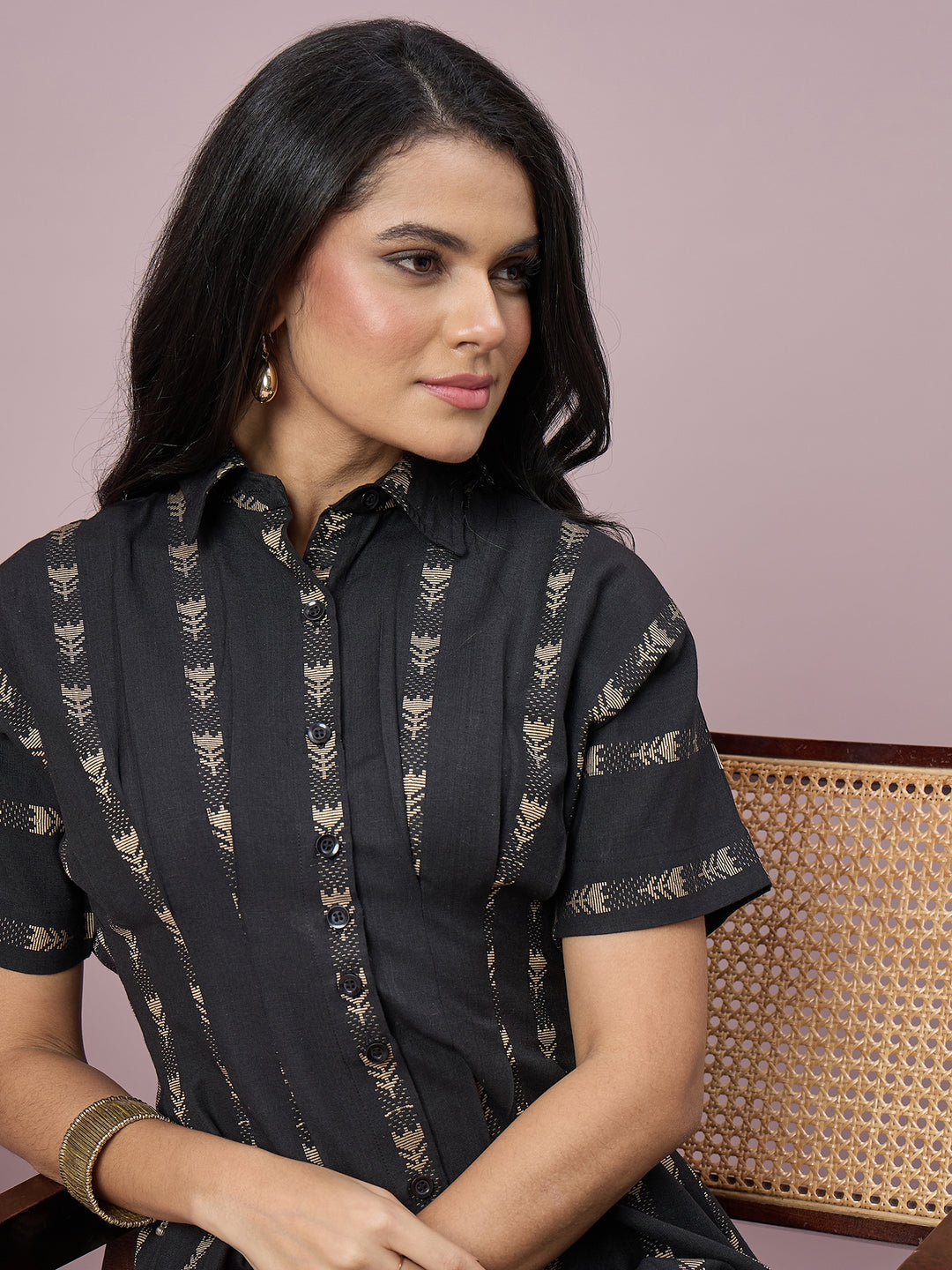 Women’s  Printed Shirt Dress Floral Motifs, Button-Down Front and Short Sleeves | Casual Midi Dress