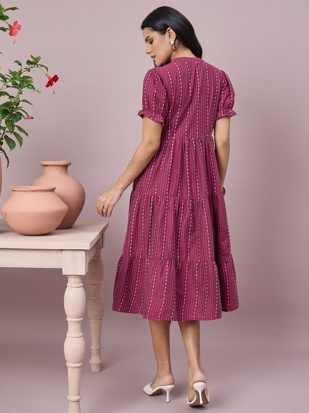 Women’s Printed Tiered Midi Dress with Tie-Neck and Puff Sleeves | Stylish Ethnic Casual Wear