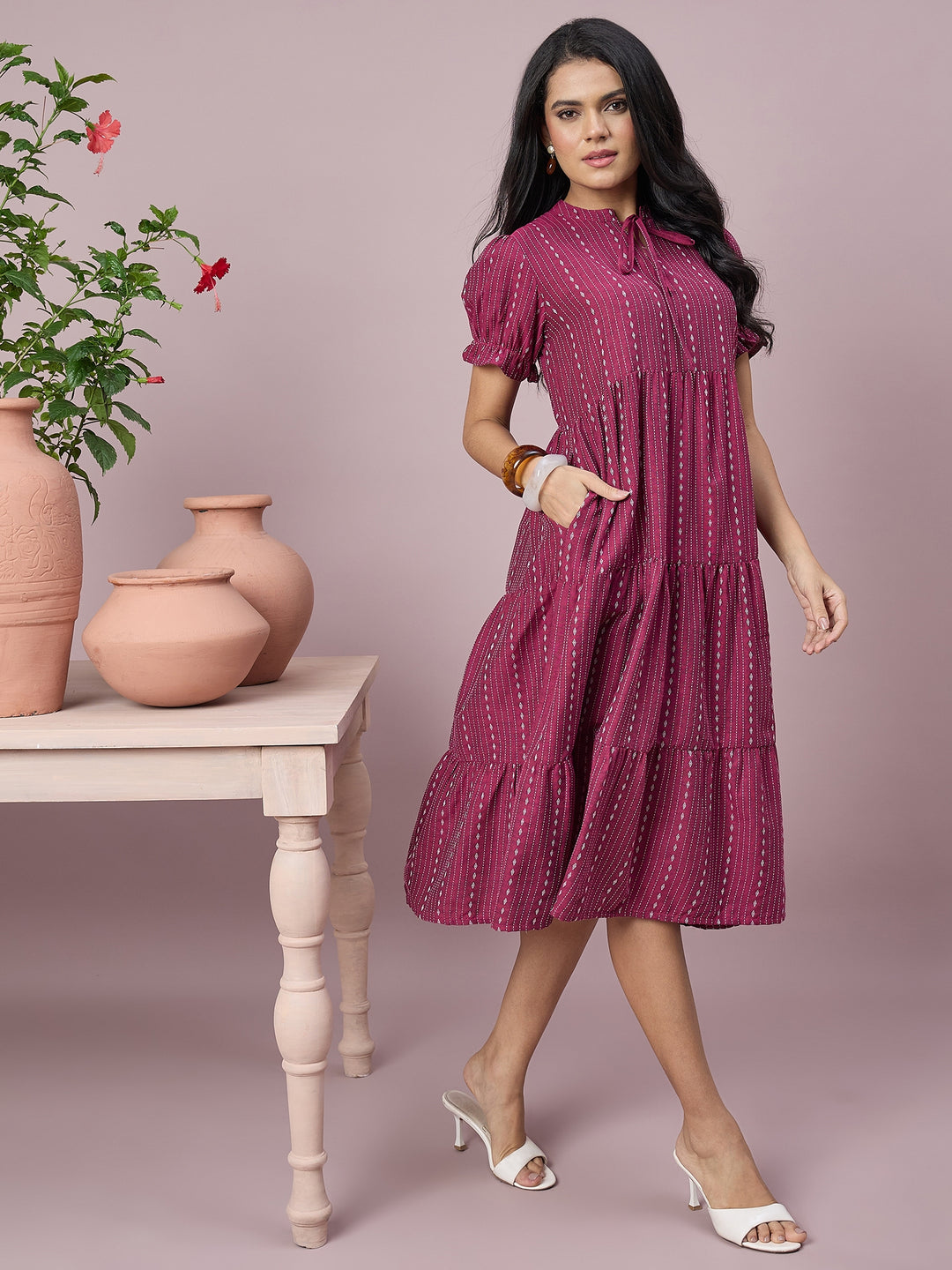 Women’s Printed Tiered Midi Dress with Tie-Neck and Puff Sleeves | Stylish Ethnic Casual Wear