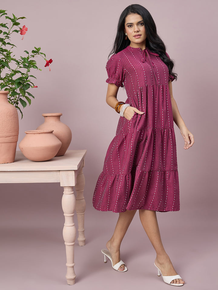 Women’s Printed Tiered Midi Dress with Tie-Neck and Puff Sleeves | Stylish Ethnic Casual Wear
