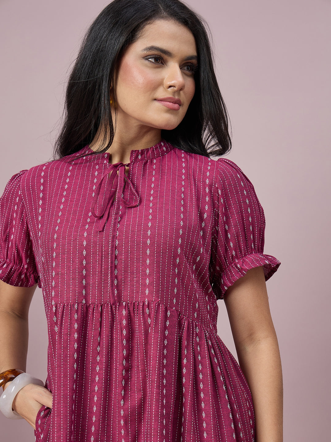 Women’s Printed Tiered Midi Dress with Tie-Neck and Puff Sleeves | Stylish Ethnic Casual Wear