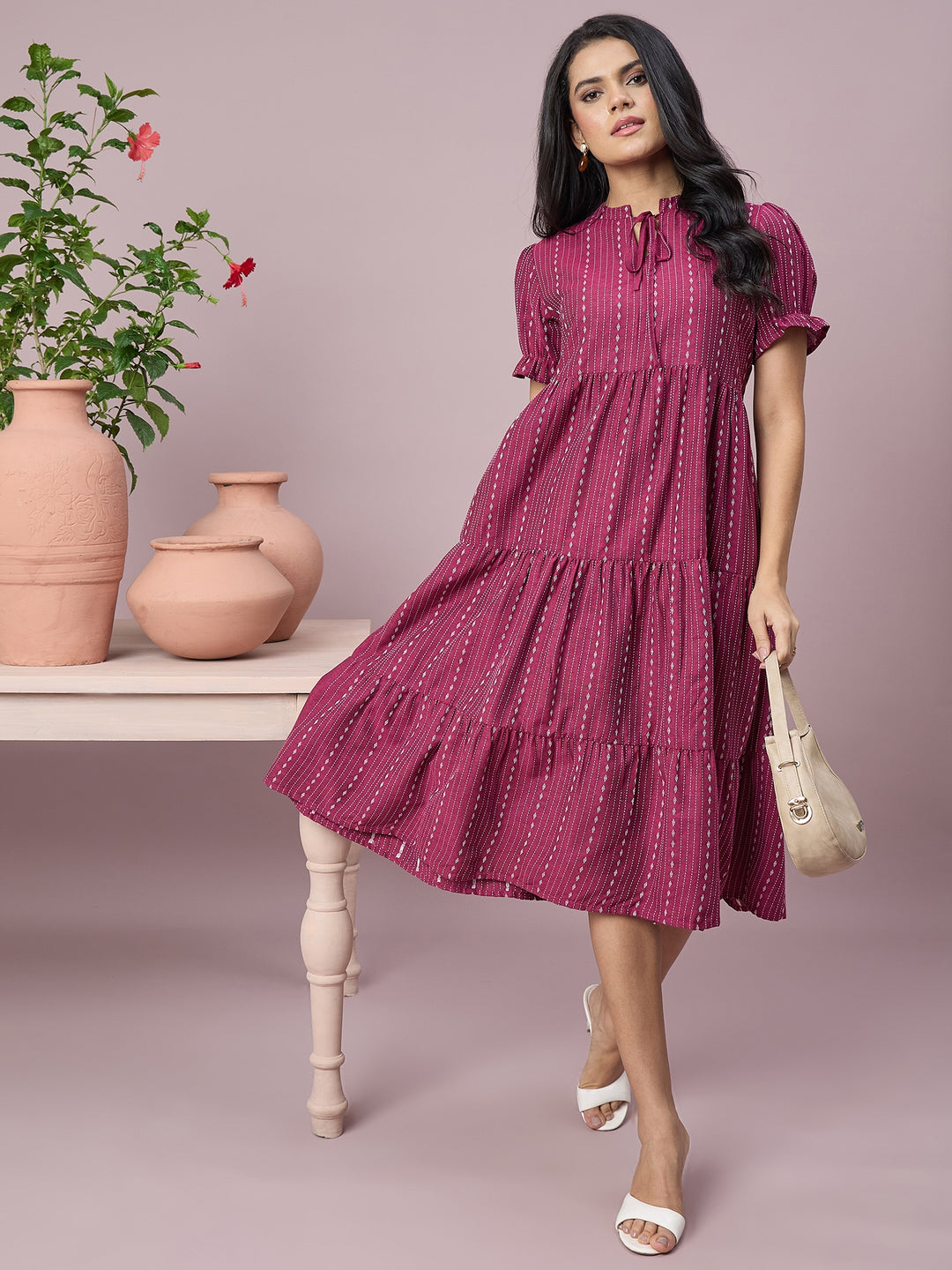 Women’s Printed Tiered Midi Dress with Tie-Neck and Puff Sleeves | Stylish Ethnic Casual Wear