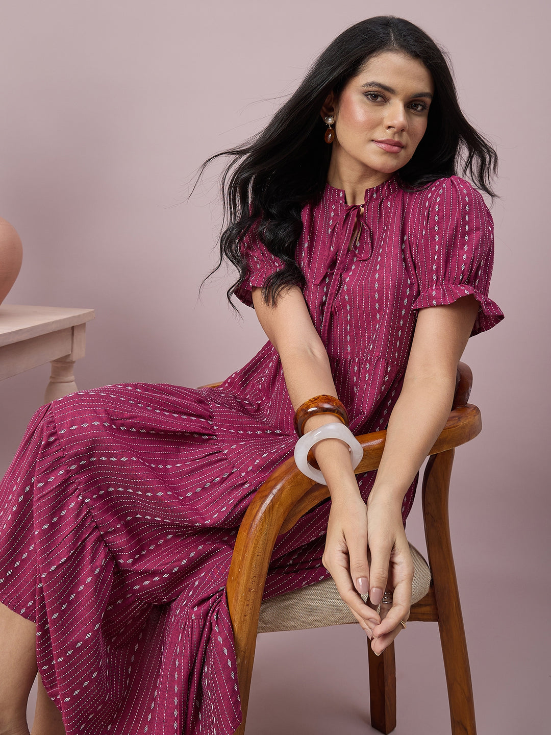 Women’s Printed Tiered Midi Dress with Tie-Neck and Puff Sleeves | Stylish Ethnic Casual Wear