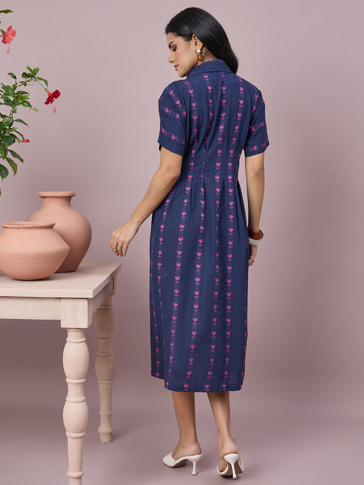 Women’s  Printed Shirt Dress Floral Motifs, Button-Down Front and Short Sleeves | Casual Midi Dress