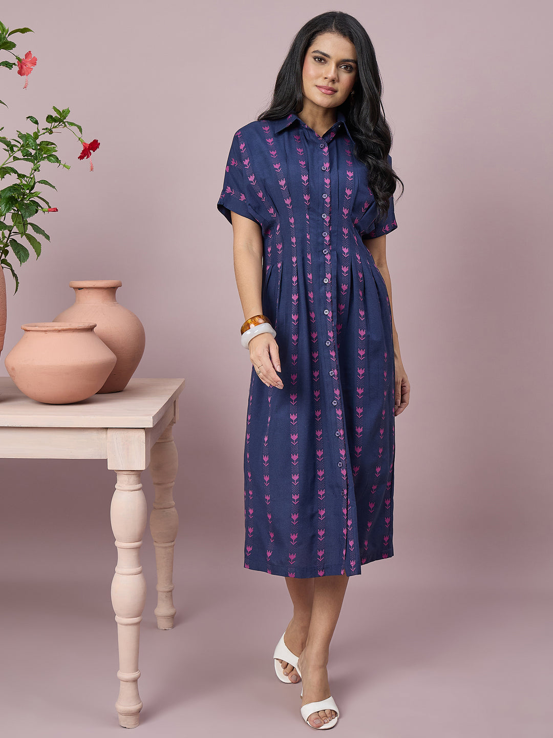 Women’s  Printed Shirt Dress Floral Motifs, Button-Down Front and Short Sleeves | Casual Midi Dress