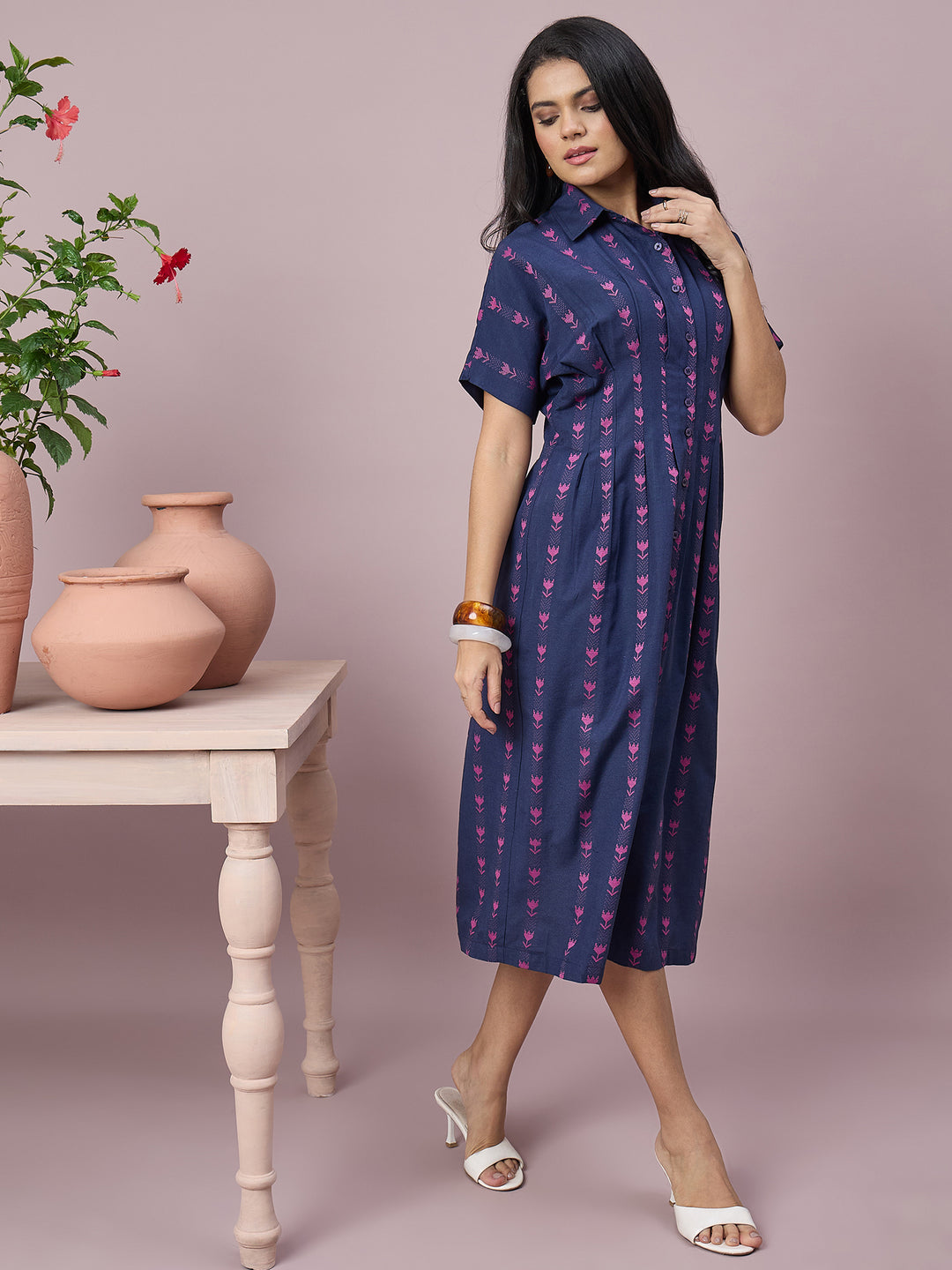 Women’s  Printed Shirt Dress Floral Motifs, Button-Down Front and Short Sleeves | Casual Midi Dress