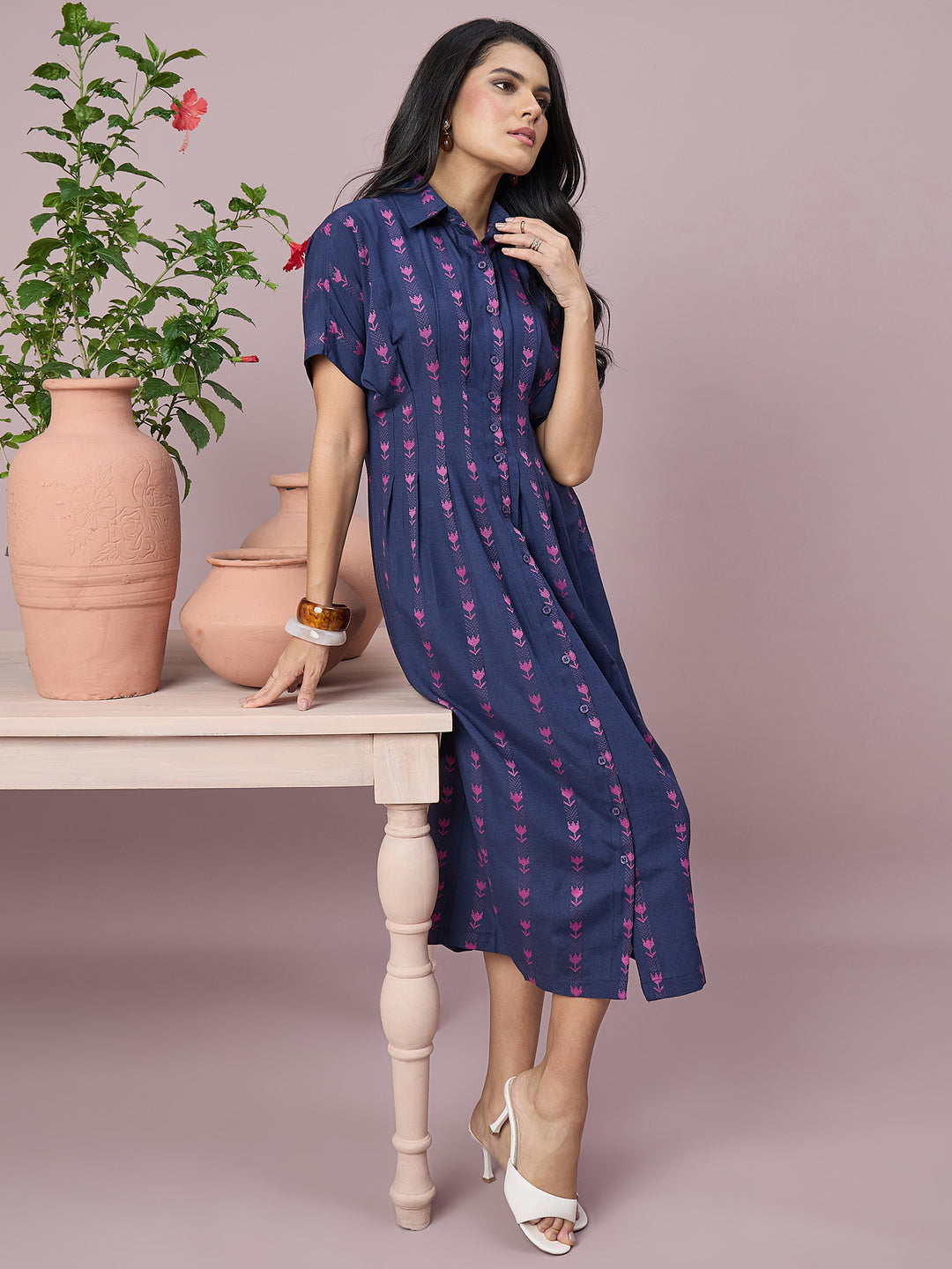 Women’s  Printed Shirt Dress Floral Motifs, Button-Down Front and Short Sleeves | Casual Midi Dress