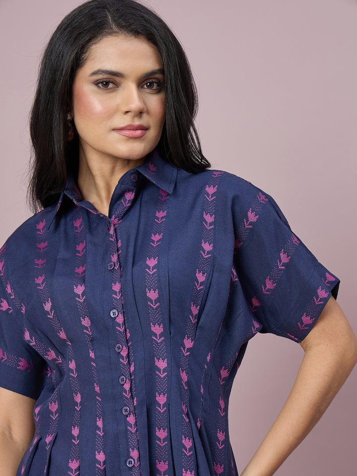 Women’s  Printed Shirt Dress Floral Motifs, Button-Down Front and Short Sleeves | Casual Midi Dress