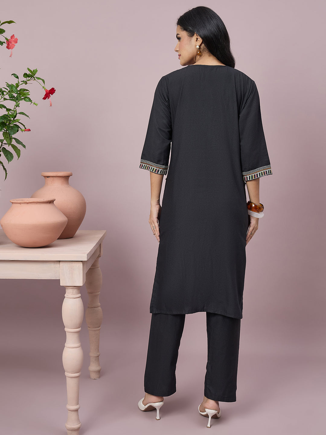 Women’s Black Embroidered Straight Kurta with Matching Pants | Ethnic Wear Co-Ord Set
