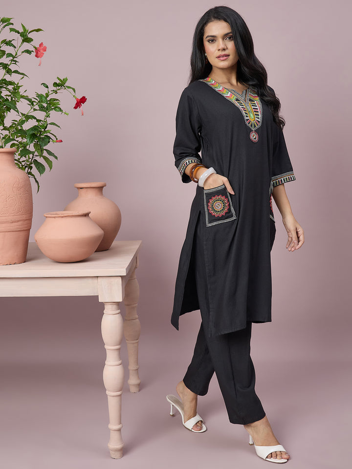 Women’s Black Embroidered Straight Kurta with Matching Pants | Ethnic Wear Co-Ord Set