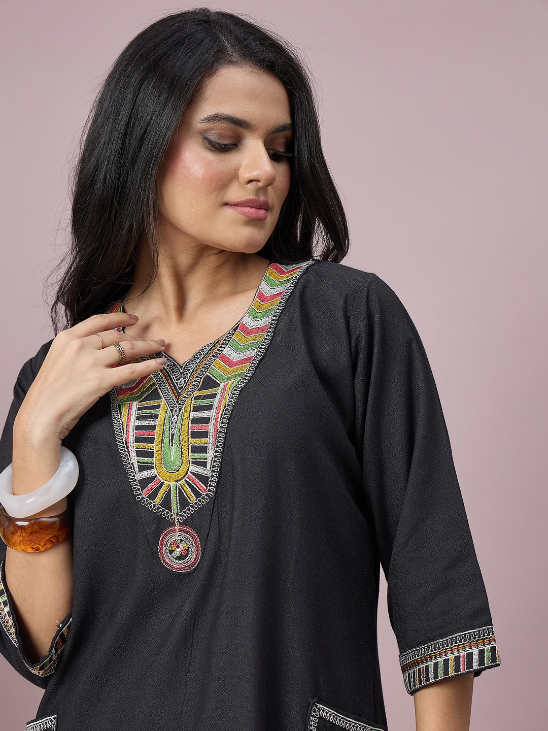 Women’s Black Embroidered Straight Kurta with Matching Pants | Ethnic Wear Co-Ord Set