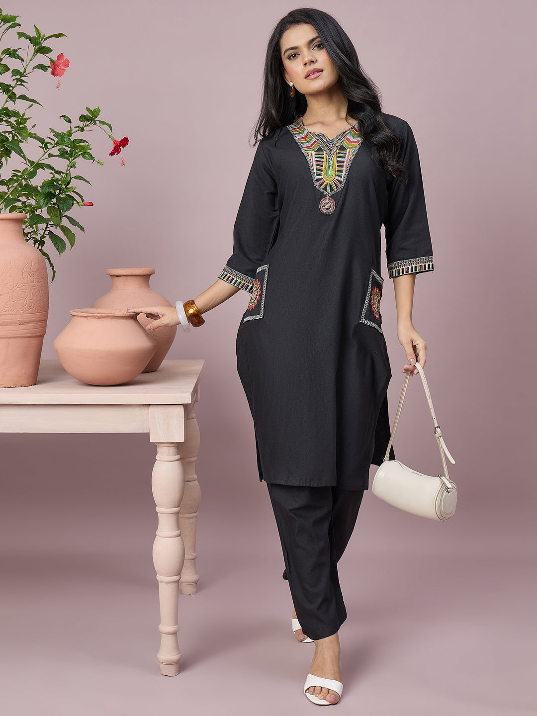 Women’s Black Embroidered Straight Kurta with Matching Pants | Ethnic Wear Co-Ord Set
