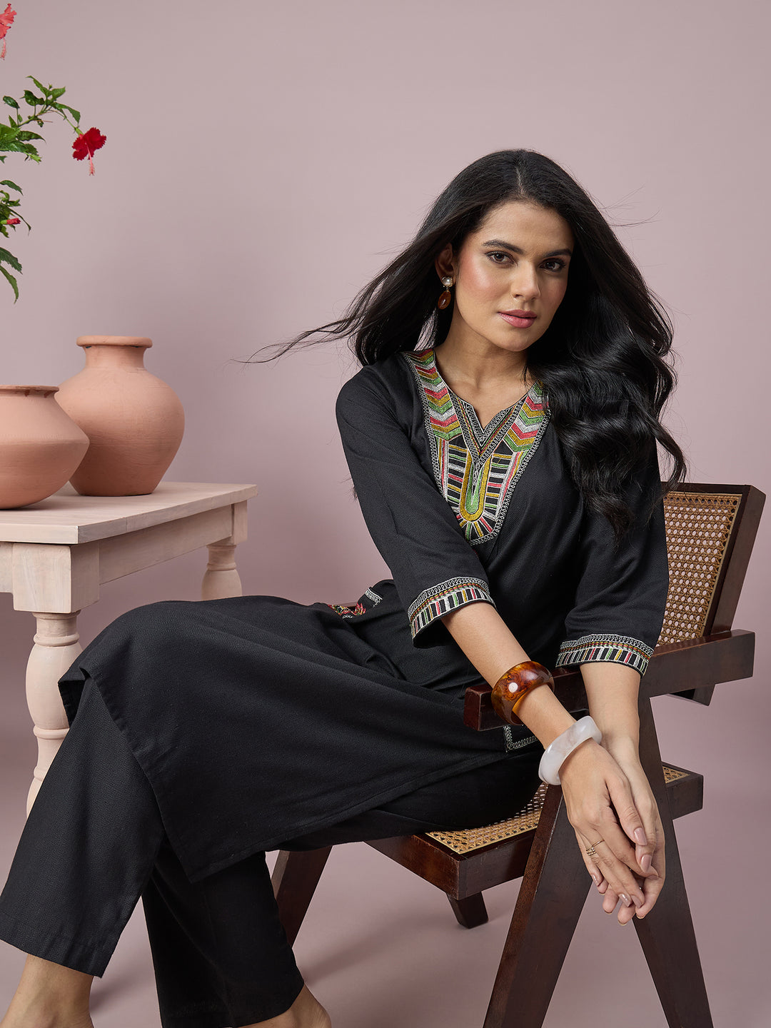 Women’s Black Embroidered Straight Kurta with Matching Pants | Ethnic Wear Co-Ord Set