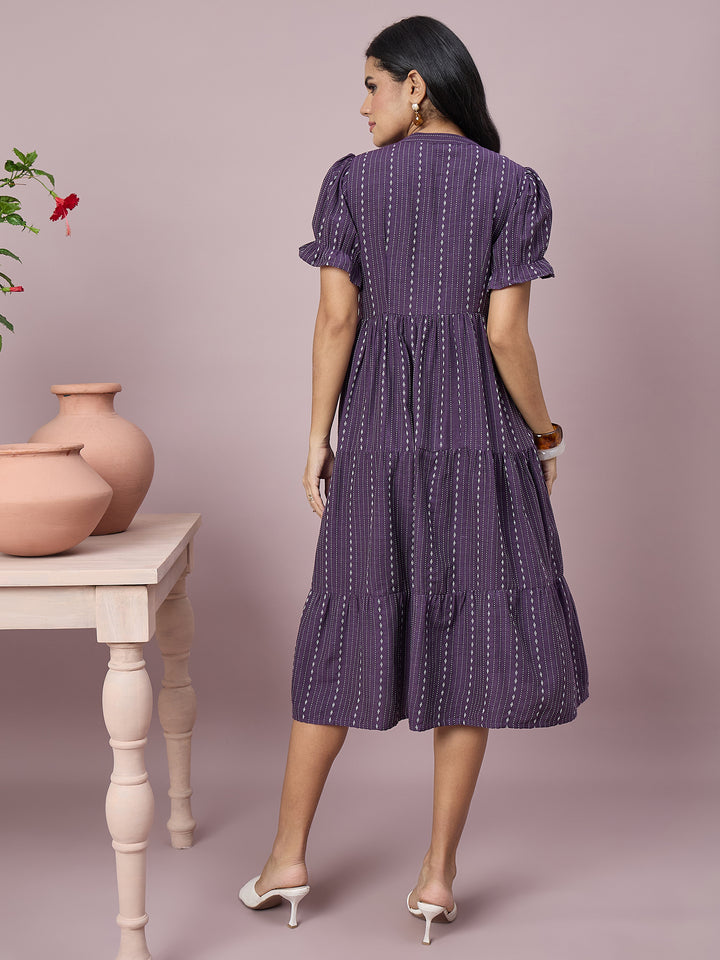 Women’s Printed Tiered Midi Dress with Tie-Neck and Puff Sleeves | Stylish Ethnic Casual Wear