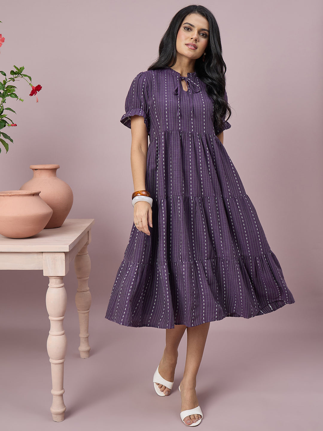 Women’s Printed Tiered Midi Dress with Tie-Neck and Puff Sleeves | Stylish Ethnic Casual Wear