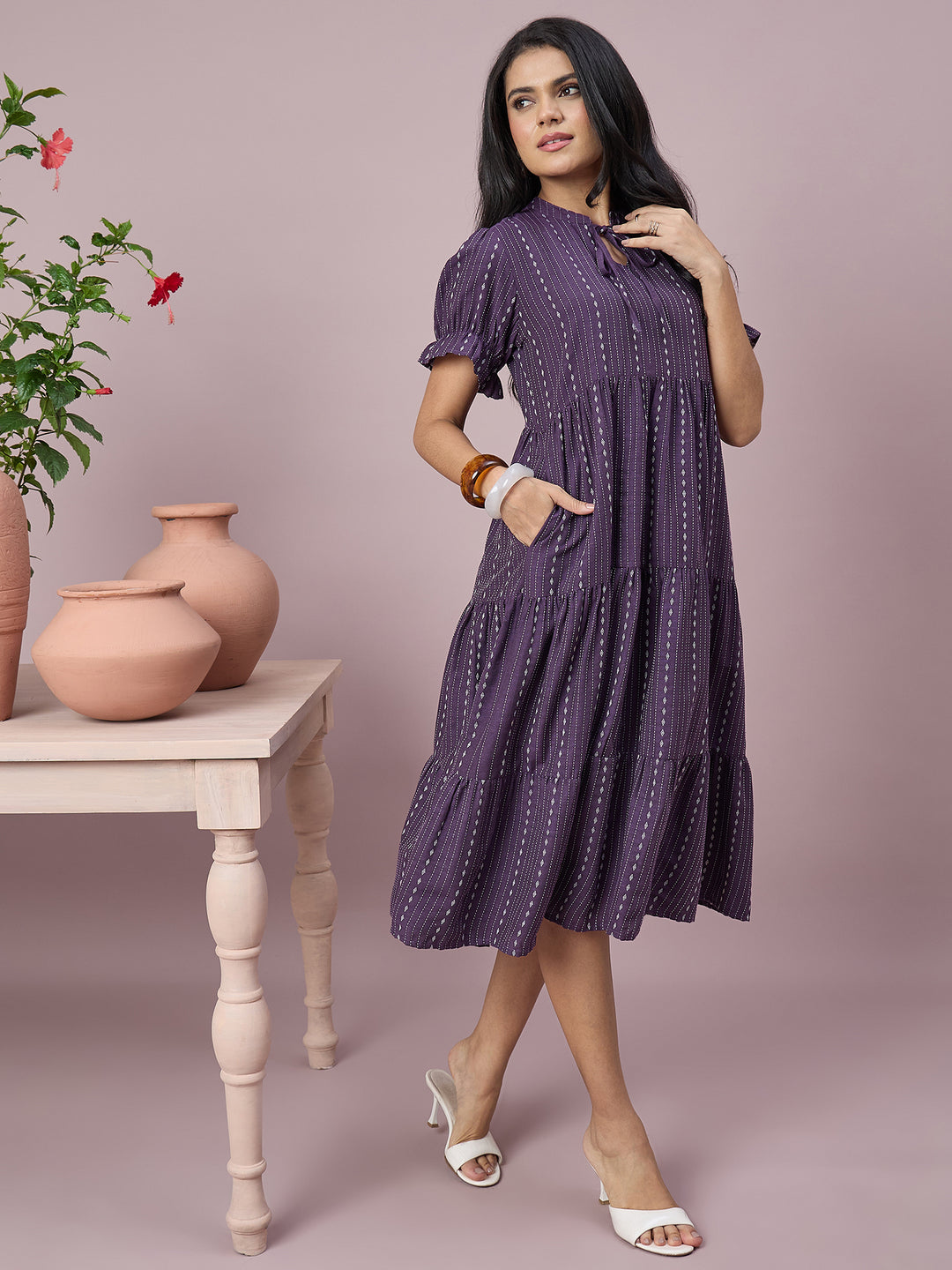 Women’s Printed Tiered Midi Dress with Tie-Neck and Puff Sleeves | Stylish Ethnic Casual Wear