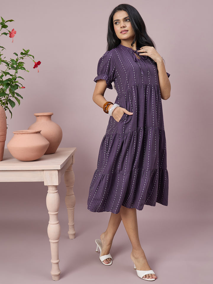 Women’s Printed Tiered Midi Dress with Tie-Neck and Puff Sleeves | Stylish Ethnic Casual Wear