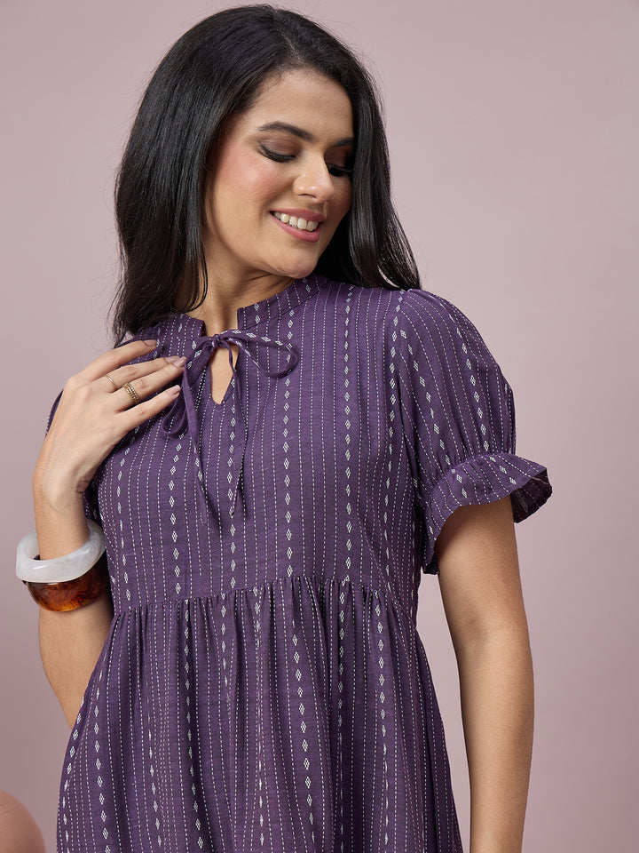 Women’s Printed Tiered Midi Dress with Tie-Neck and Puff Sleeves | Stylish Ethnic Casual Wear