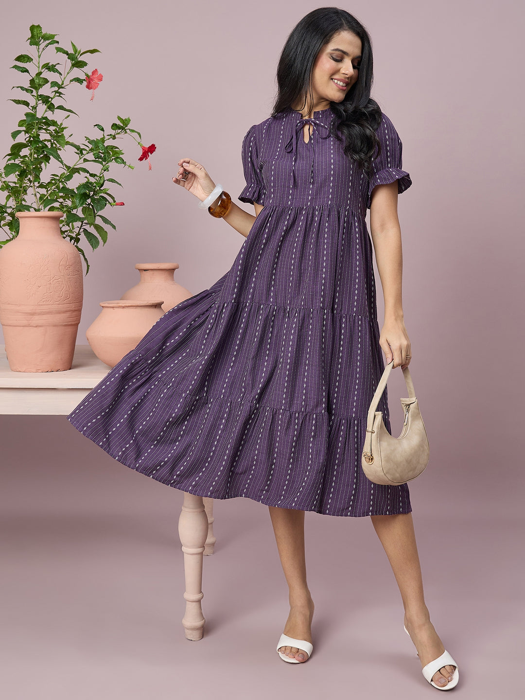 Women’s Printed Tiered Midi Dress with Tie-Neck and Puff Sleeves | Stylish Ethnic Casual Wear