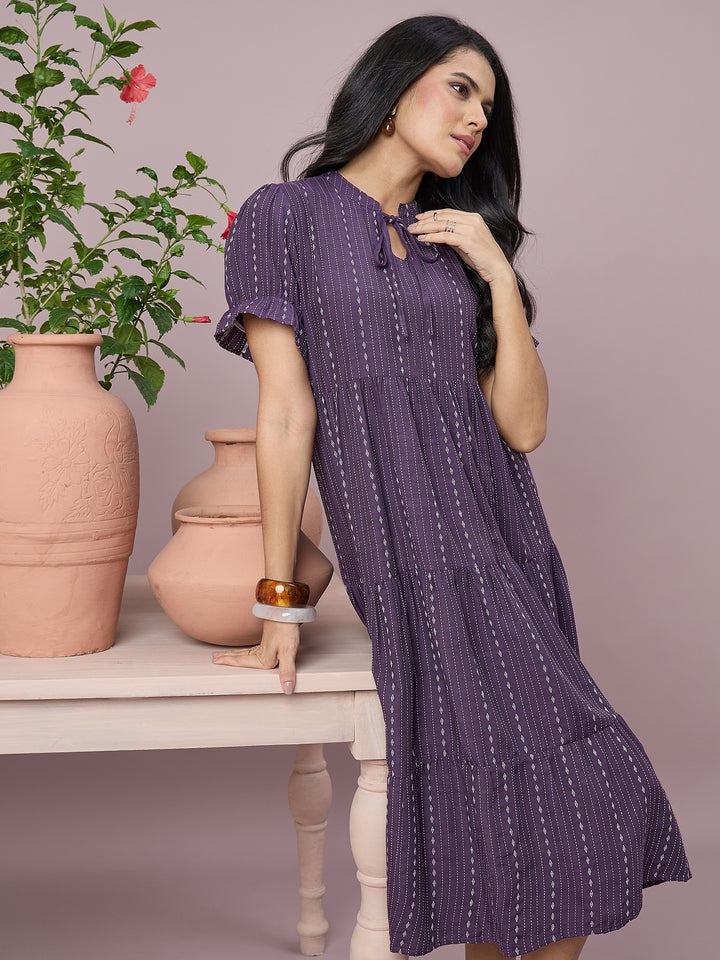 Women’s Printed Tiered Midi Dress with Tie-Neck and Puff Sleeves | Stylish Ethnic Casual Wear