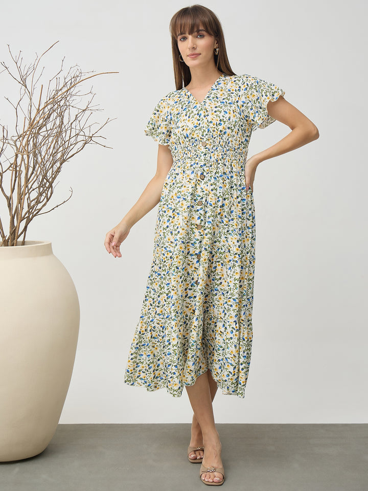 Women’s White Floral Smocked Waist Flutter Sleeve Midi Dress