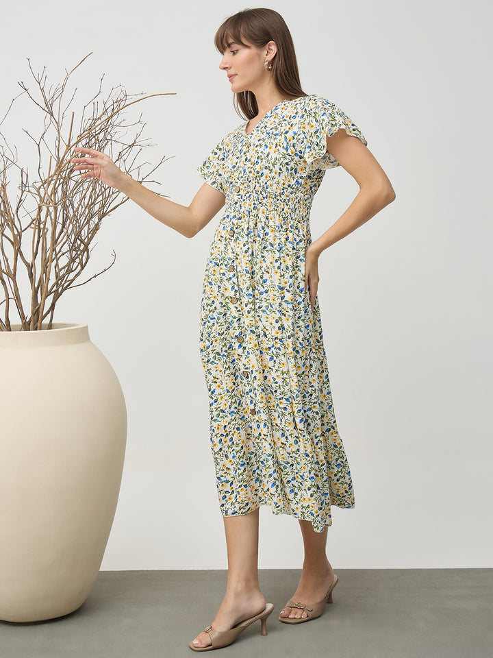Women’s White Floral Smocked Waist Flutter Sleeve Midi Dress