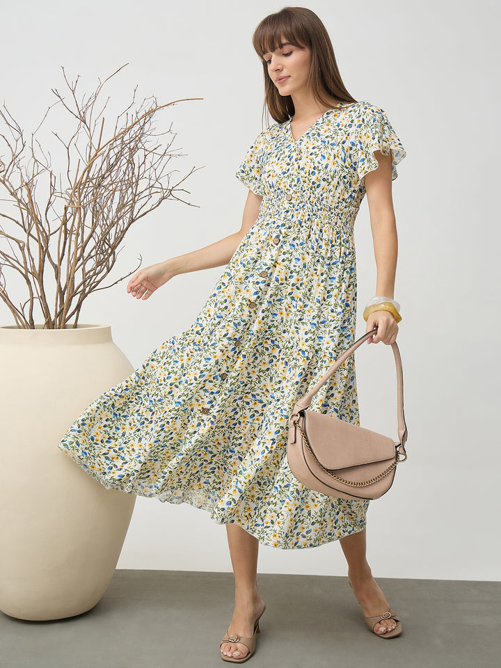 Women’s White Floral Smocked Waist Flutter Sleeve Midi Dress