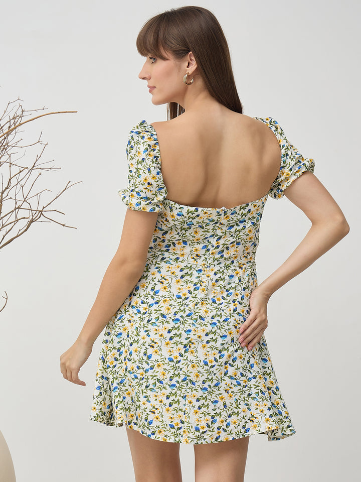 Women’s White Floral Sweetheart Neck Puff Sleeve Mini Dress