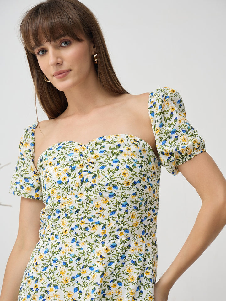 Women’s White Floral Sweetheart Neck Puff Sleeve Mini Dress