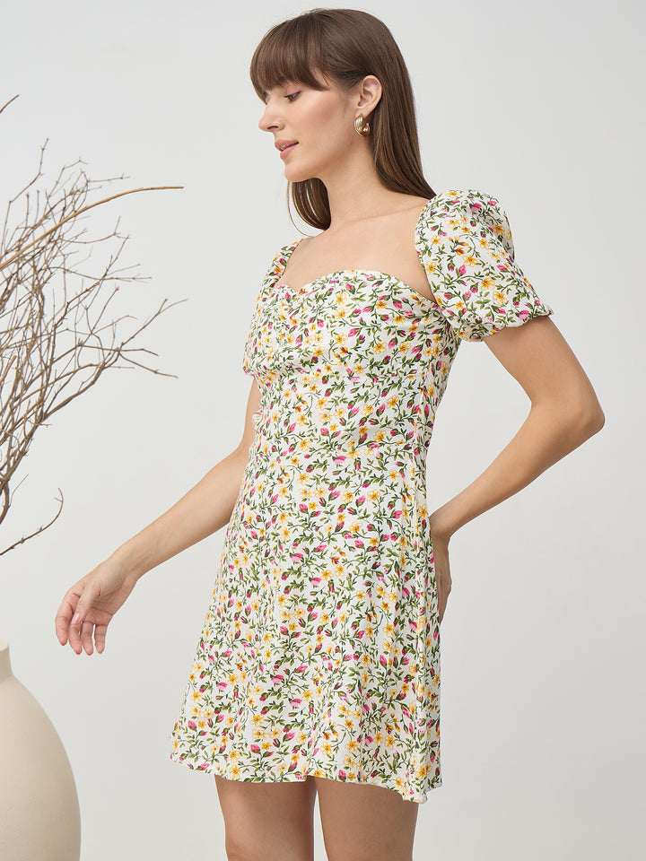 Women’s White Floral Sweetheart Neck Puff Sleeve Mini Dress