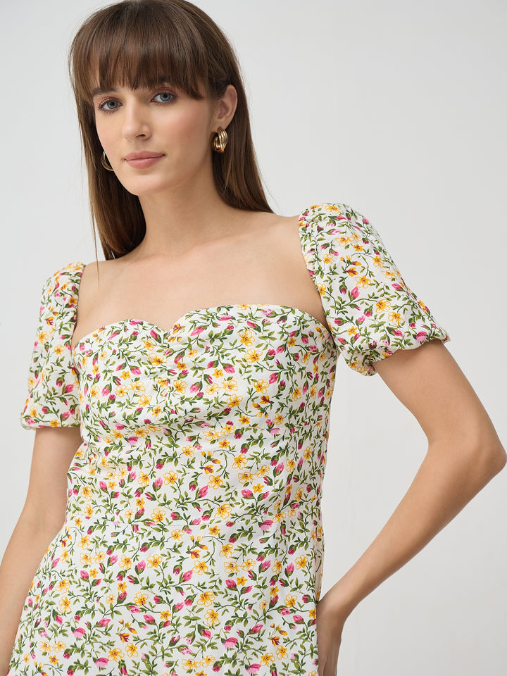 Women’s White Floral Sweetheart Neck Puff Sleeve Mini Dress