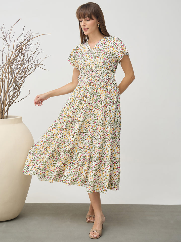 Women’s White Floral Smocked Waist Flutter Sleeve Midi Dress
