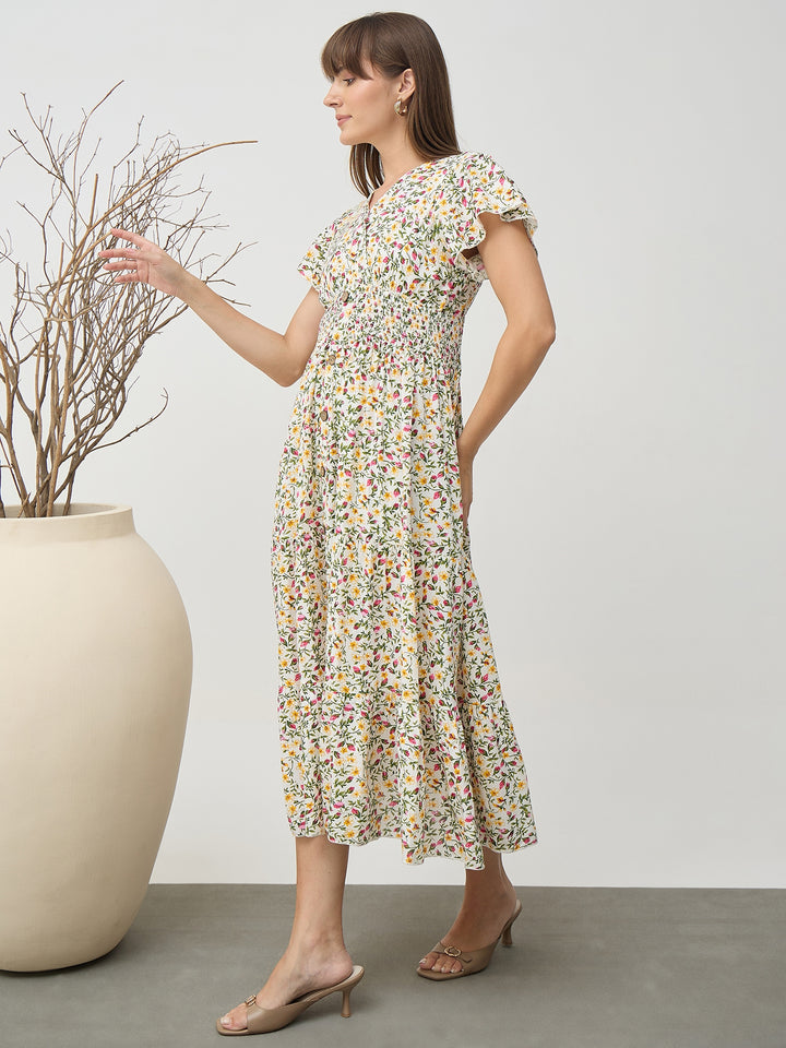 Women’s White Floral Smocked Waist Flutter Sleeve Midi Dress