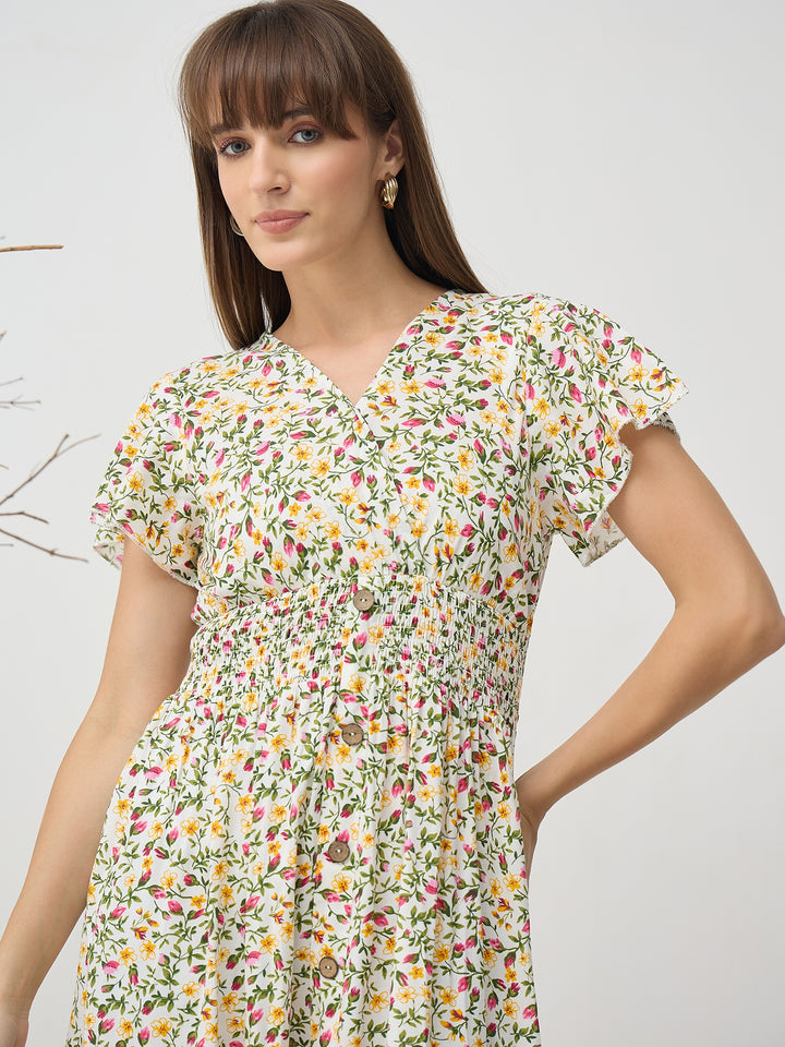 Women’s White Floral Smocked Waist Flutter Sleeve Midi Dress