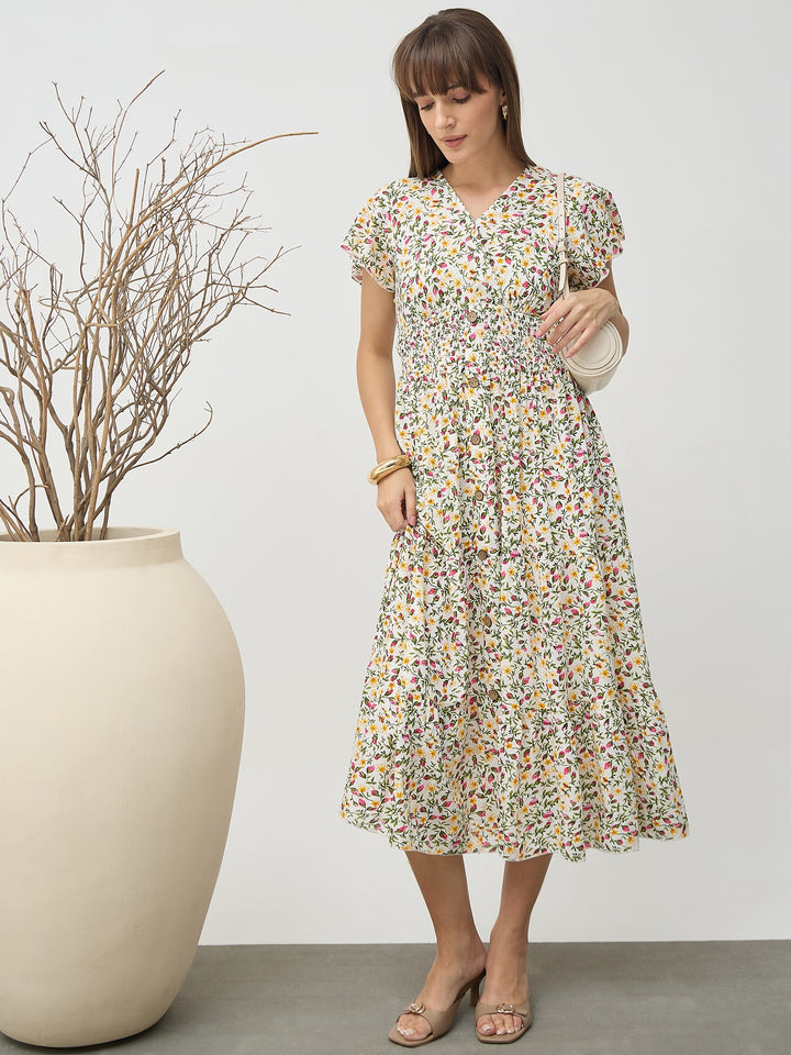 Women’s White Floral Smocked Waist Flutter Sleeve Midi Dress