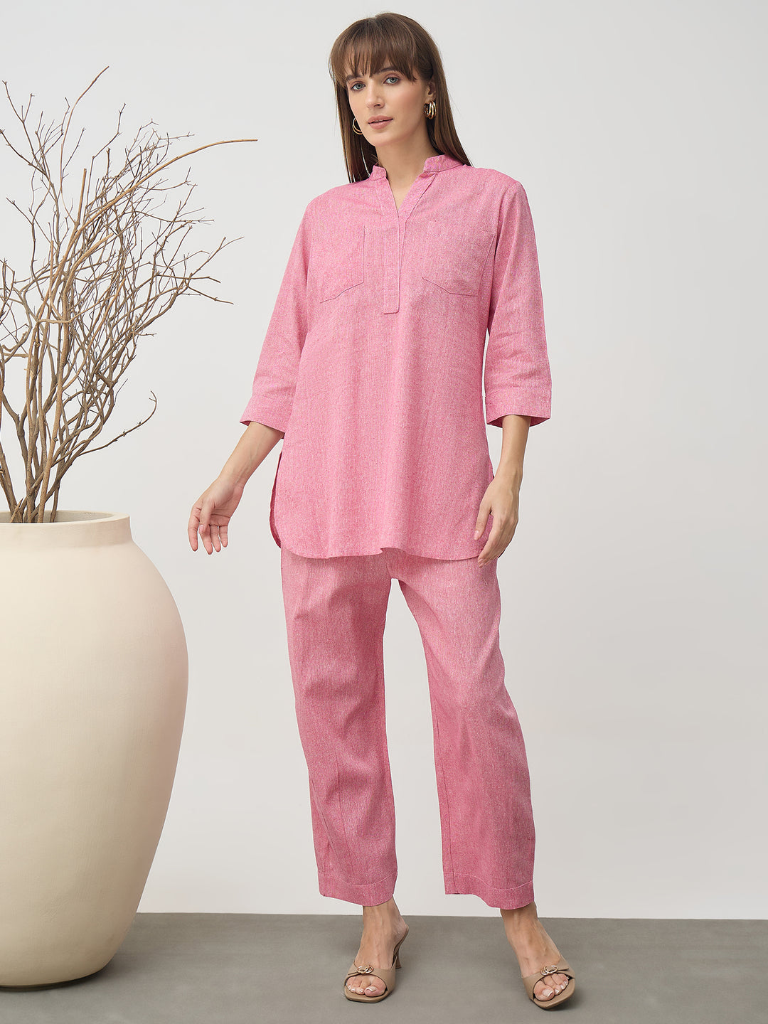 Women’s Grey Linen Blend Co-Ord Set with Tunic Top and Straight Pants