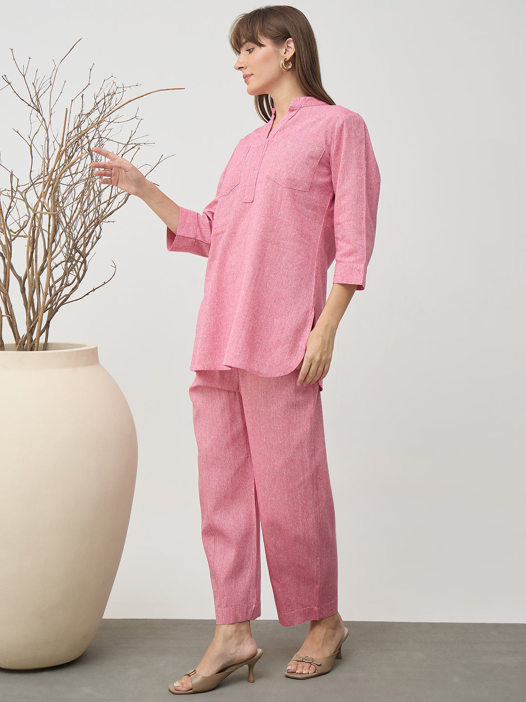 Women’s Grey Linen Blend Co-Ord Set with Tunic Top and Straight Pants