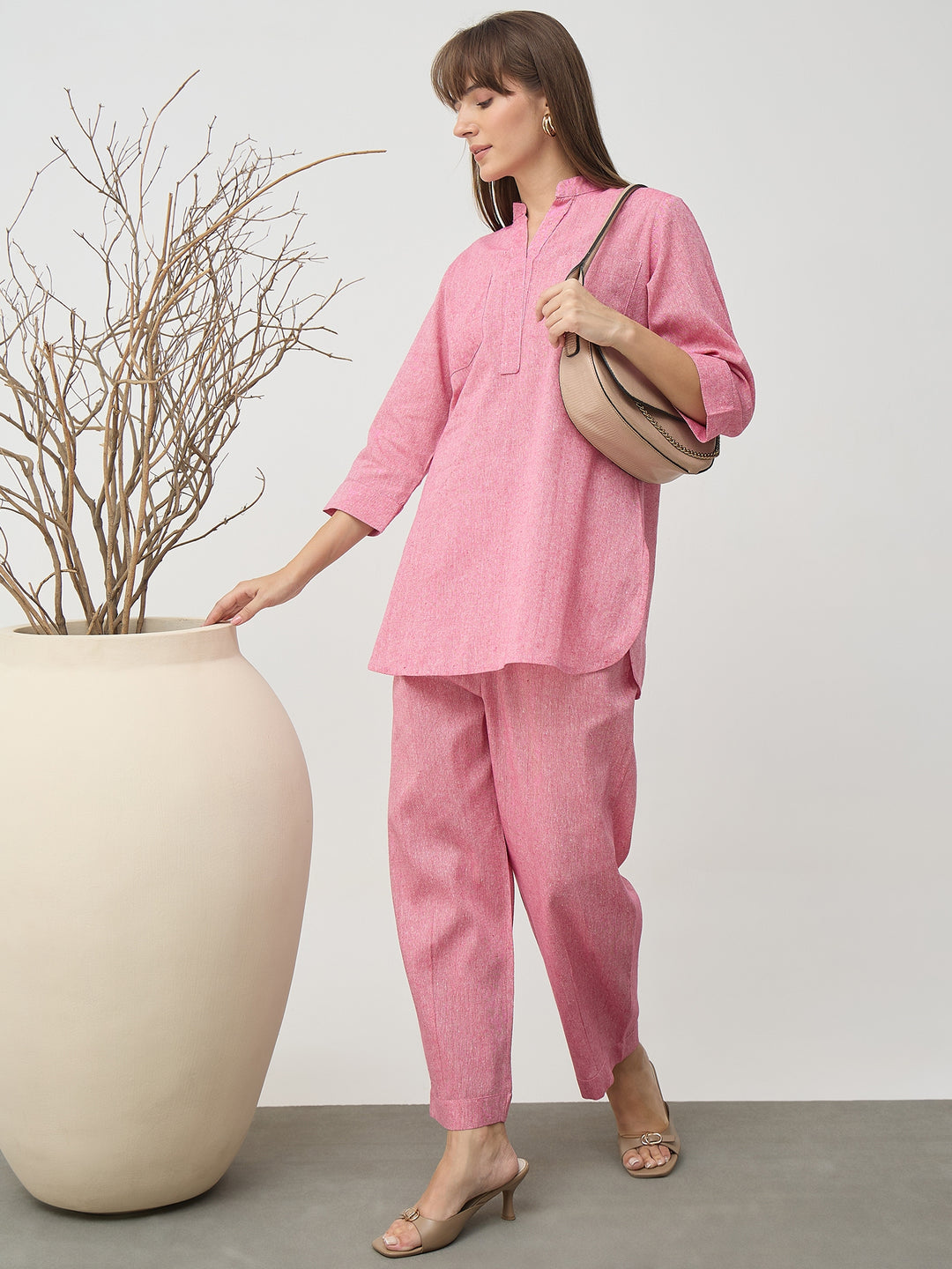 Women’s Grey Linen Blend Co-Ord Set with Tunic Top and Straight Pants