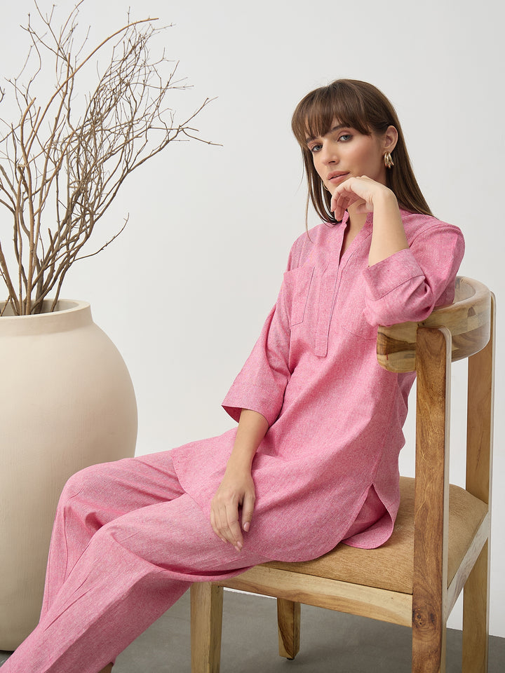 Women’s Grey Linen Blend Co-Ord Set with Tunic Top and Straight Pants
