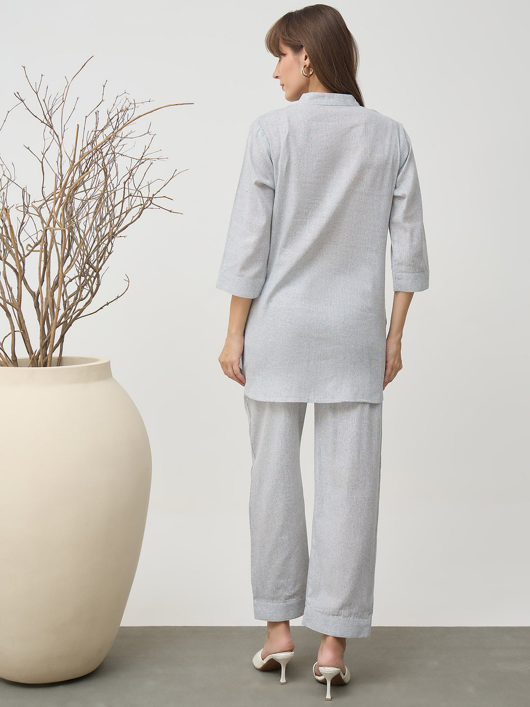 Women’s Grey Linen Blend Co-Ord Set with Tunic Top and Straight Pants